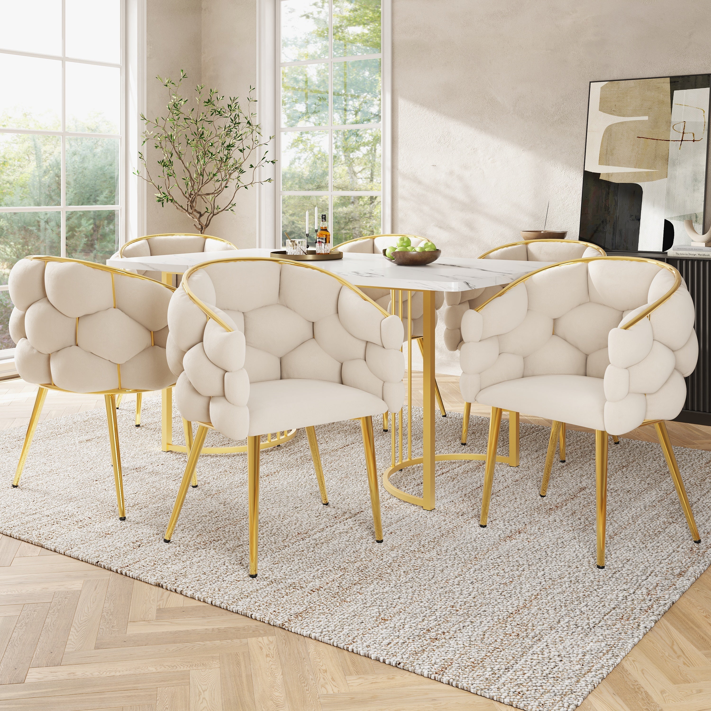 Luxurious Velvet Chairs Set of 6 Modern Gold Legs - Beige