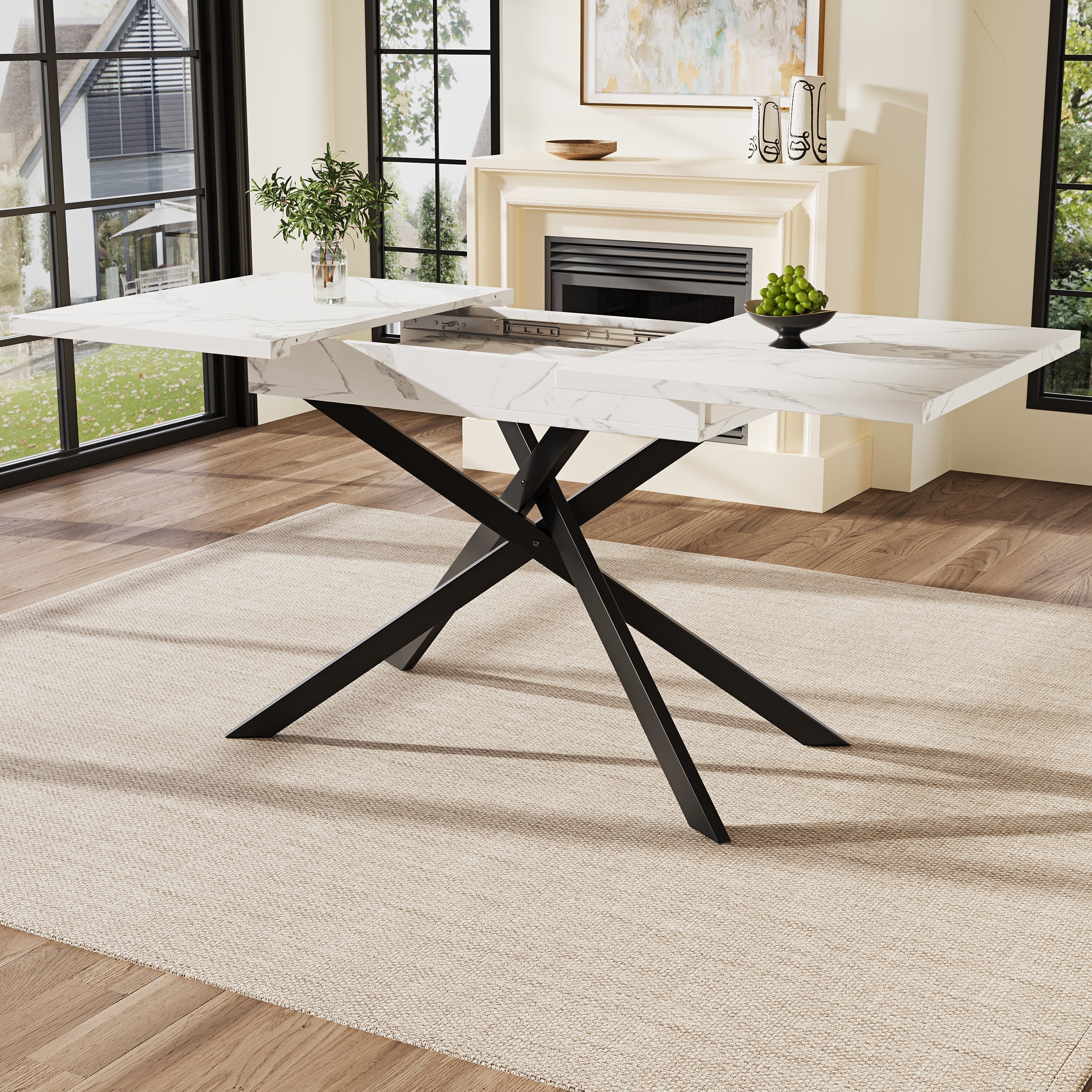 Telescopic Dining Table 120-160cm Extendable Black Crossed Legs - White Marble