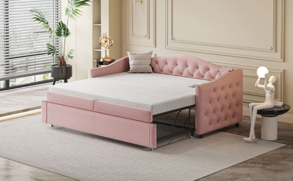 Upholstered Bed Pull-out Sofa Bed with USB Port, Pink Linen Fabric