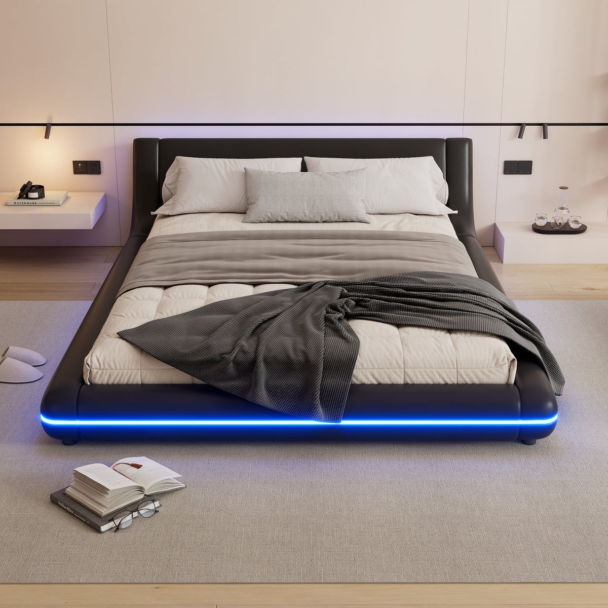 Floor Bed 140x200cm LED Ambient Light - PU Black