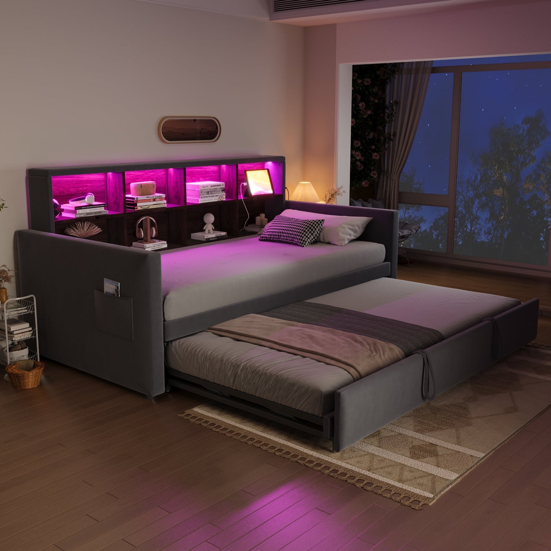 Upholstered Sofa Bed 90x190cm with Storage Headboard, LED Lights and Charging Ports, Dark Grey Velvet