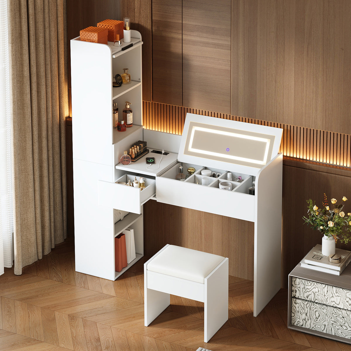 Dressing Table with LED Mirror, USB Charging & Stool, White