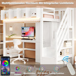 Multifunctional Loft Bed 90x200cm with Desk & Wardrobe, White