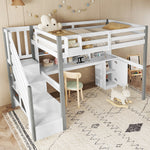 Mid-Height Bed 90x200cm with Desk, Storage & Ladder, White & Grey