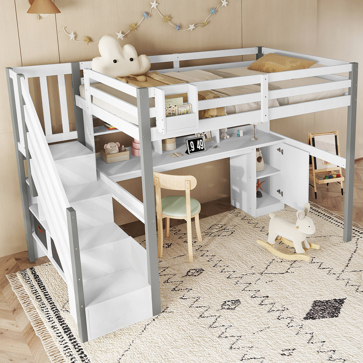 Mid-Height Bed 90x200cm with Desk, Storage & Ladder, White & Grey