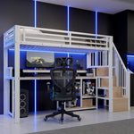 Loft Bed 90x200cm with Ladder Storage & LED, White Metal Frame