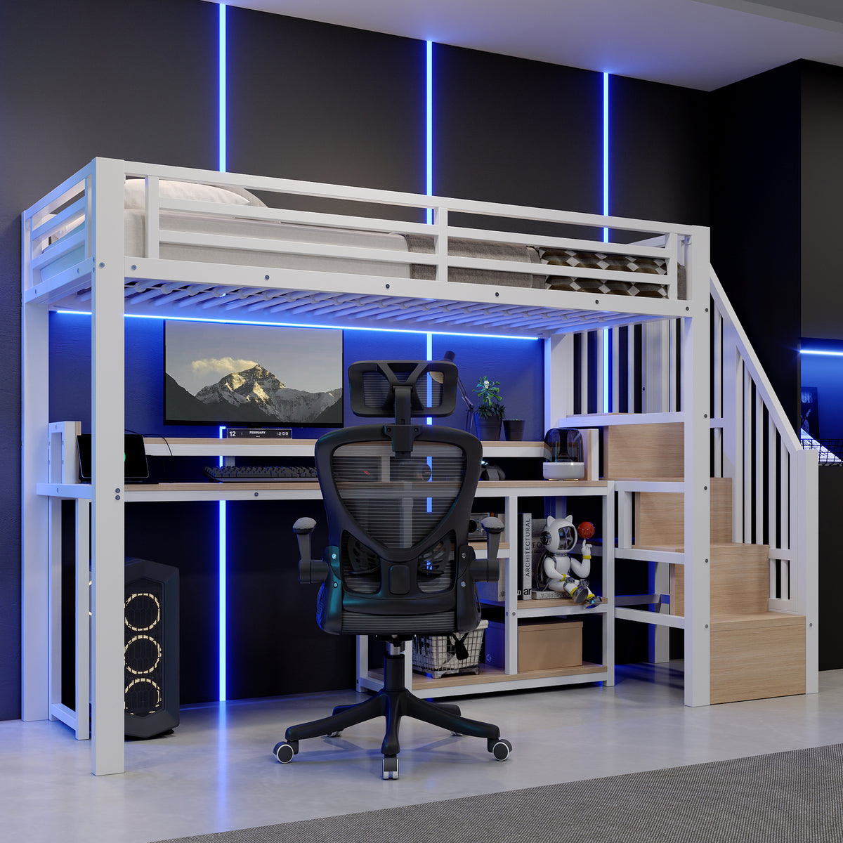 Loft Bed 90x200cm with Ladder Storage & LED, White Metal Frame