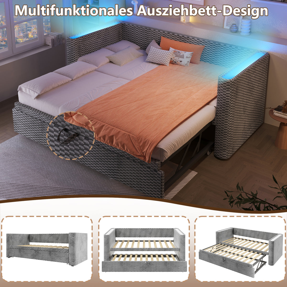 Daybed Sofa Bed, Pull-out LED Light 90/180x200cm, Grey Velvet