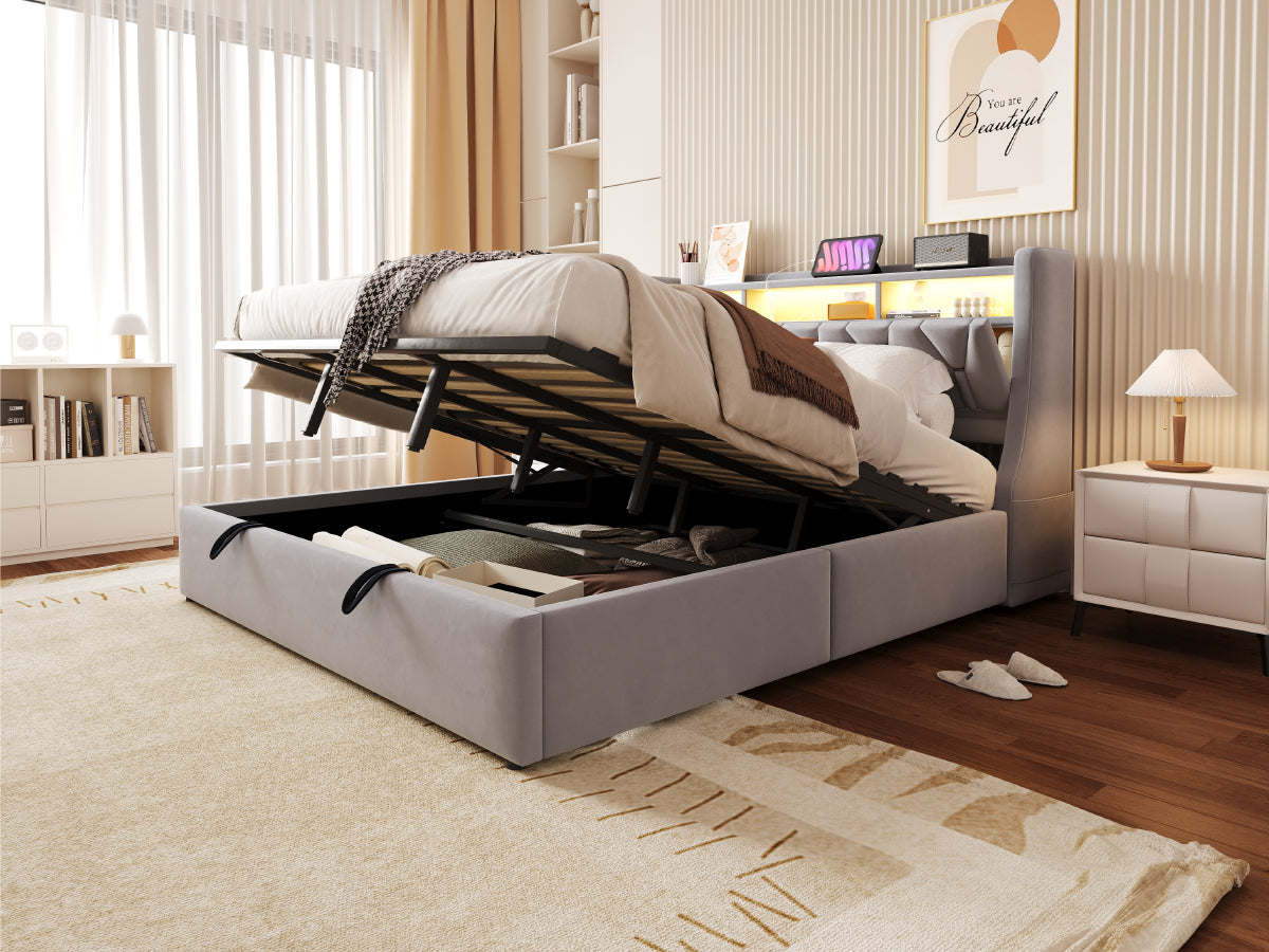 Upholstered Storage Bed 180x200cm with LED, Light Grey Velvet