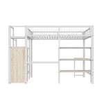 Loft Bed 140x200cm with Desk, Wardrobe & Shelves - White Iron