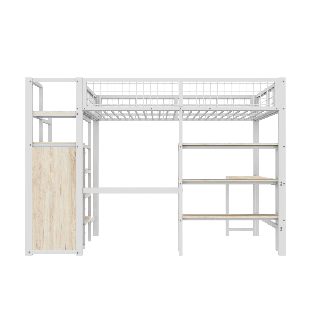 Loft Bed 140x200cm with Desk, Wardrobe & Shelves - White Iron