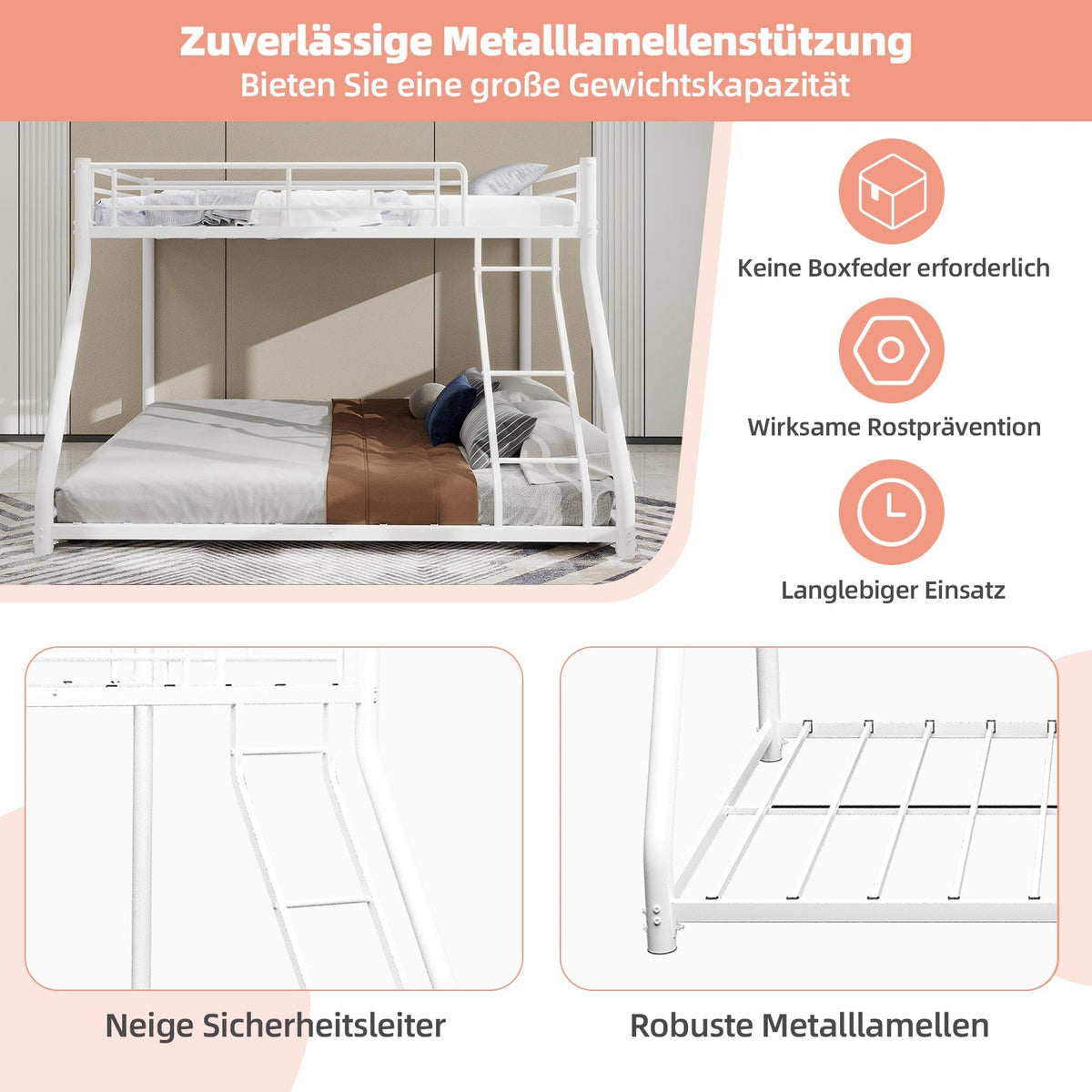 Bunk Bed, Twin Over Full with Ladder & Guardrail, Heavy Duty Metal