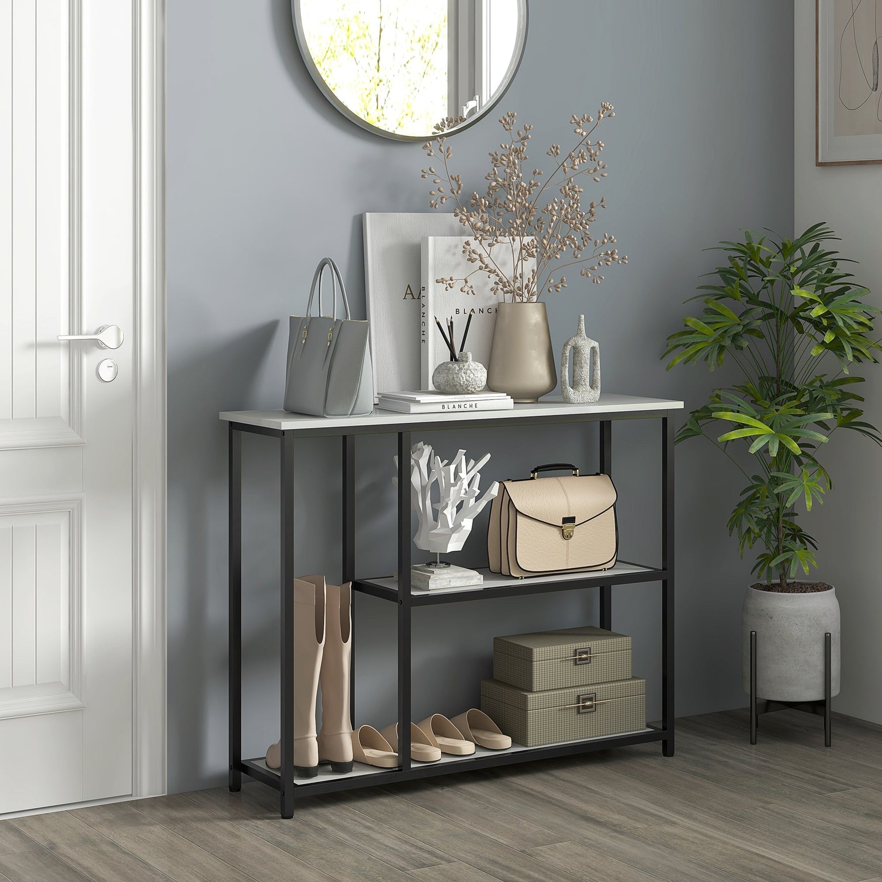 Console Table with 2 Levels, Side Table, Sofa Table, Anti-tip Protection, Steel White