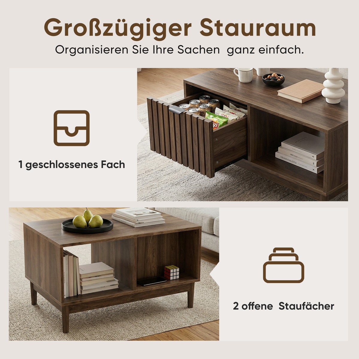 80 cm Coffee Table, Mid-Century Modern with Drawer and Open Shelves, Walnut Color