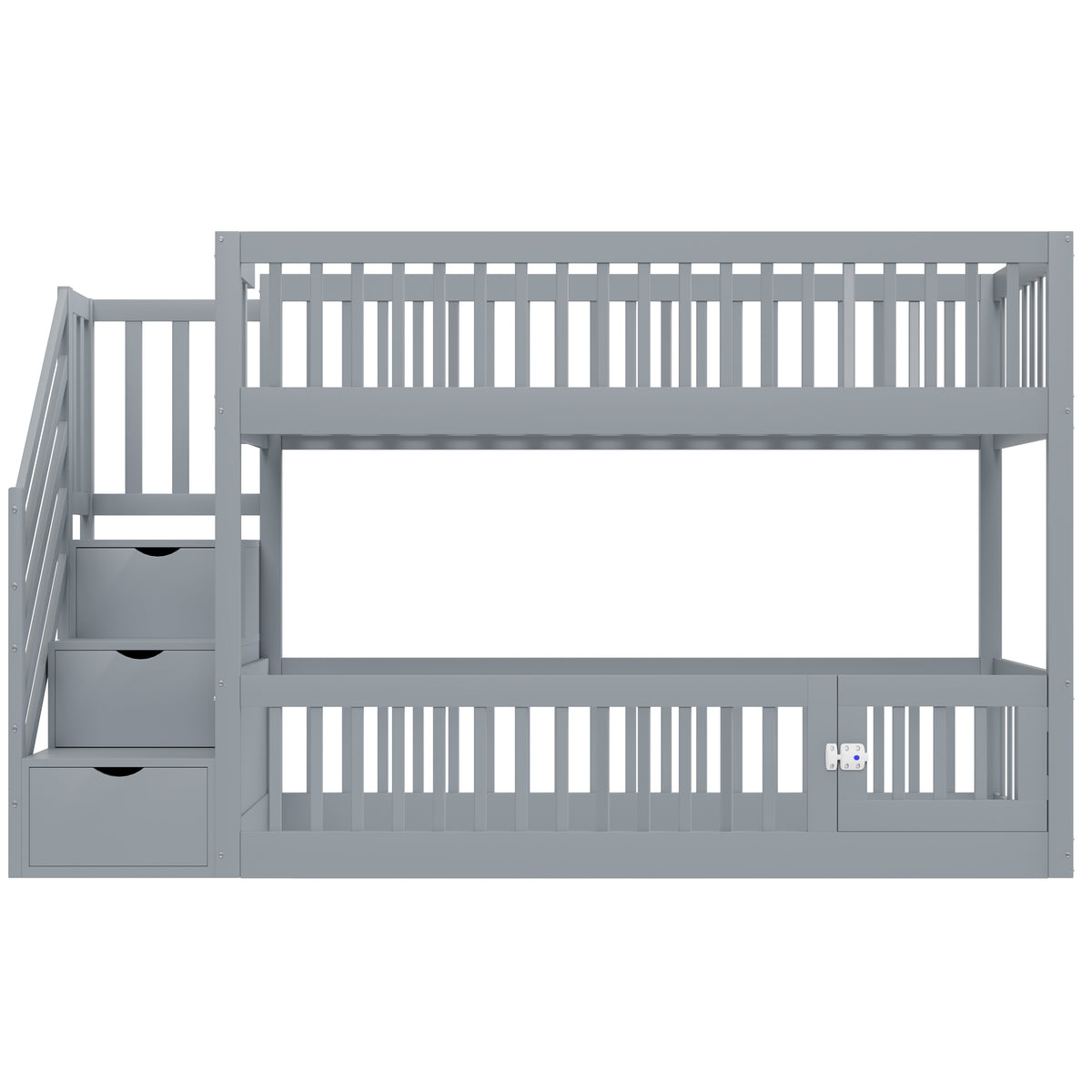 Bunk Bed 90x200 with Safety Stairs & Storage Drawers, Grey Wood