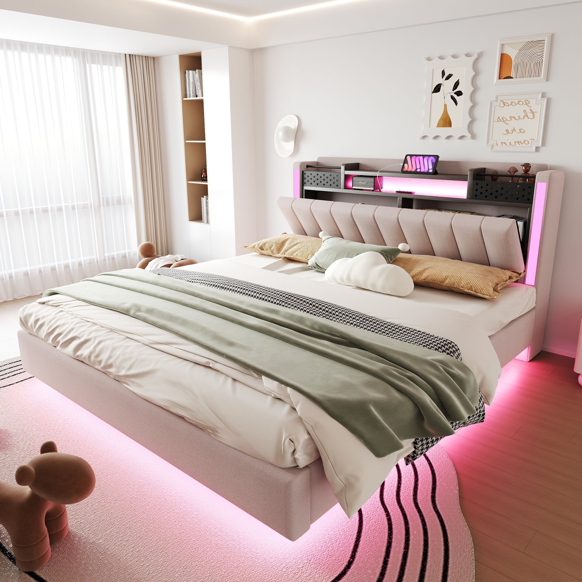 Upholstered Bed, 160*200 LED, USB, Storage, Floating, Linen Fabric, Beige