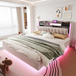 Upholstered Bed, 160*200 LED, USB, Storage, Floating, Linen Fabric, Beige