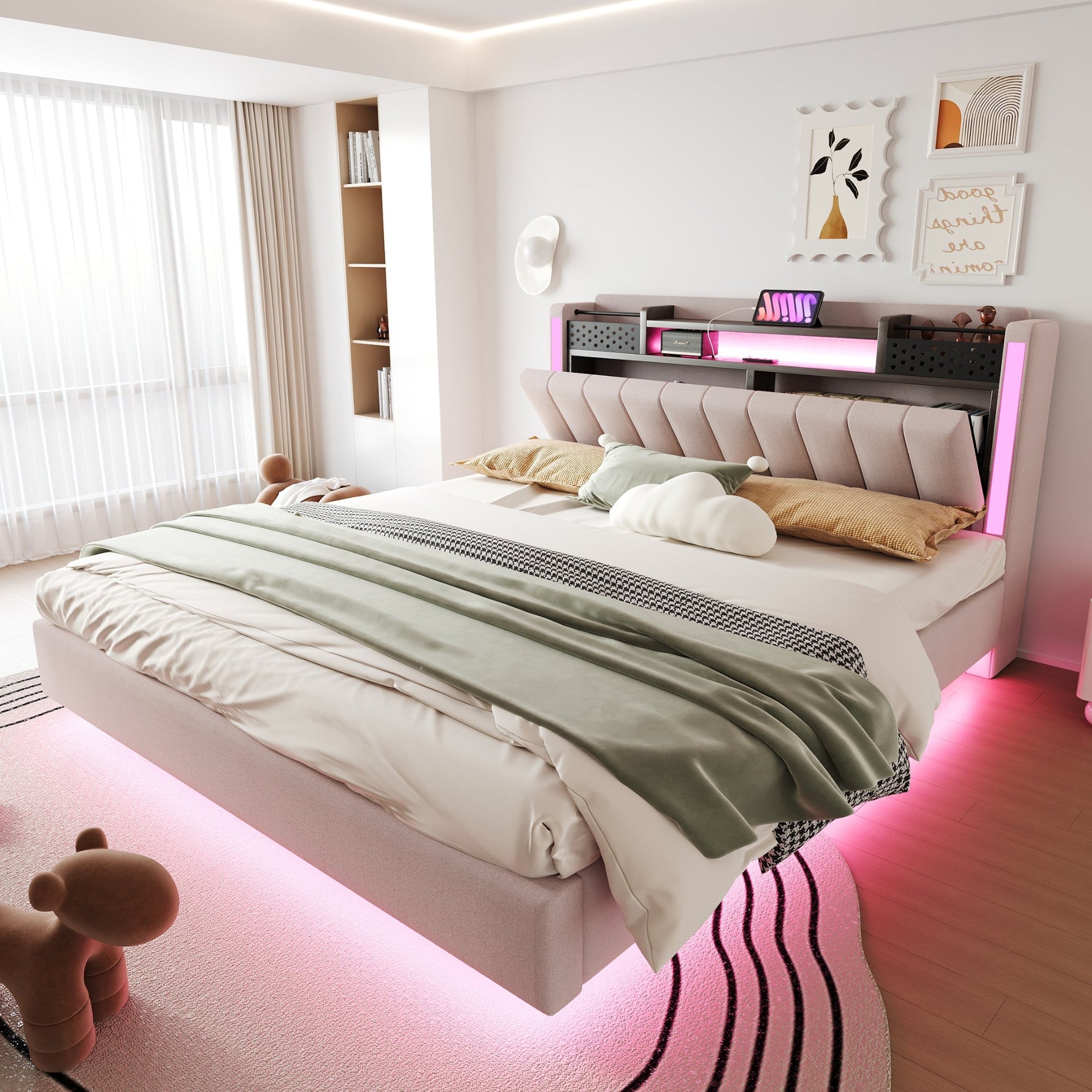 Upholstered Bed, 160*200 LED, USB, Storage, Floating, Linen Fabric, Beige