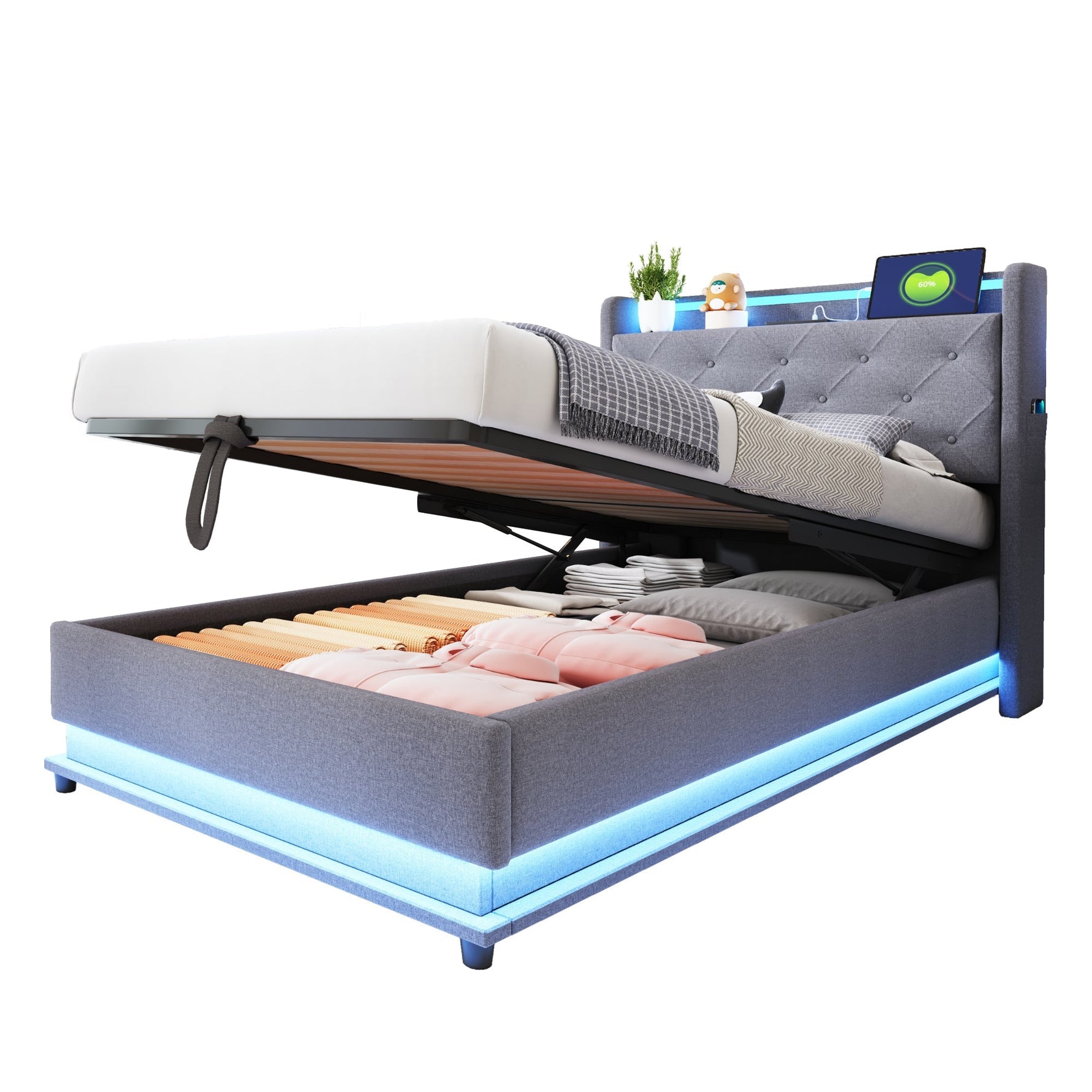 Children's Bed, Upholstered with Lights, USB, Storage, Gray Linen