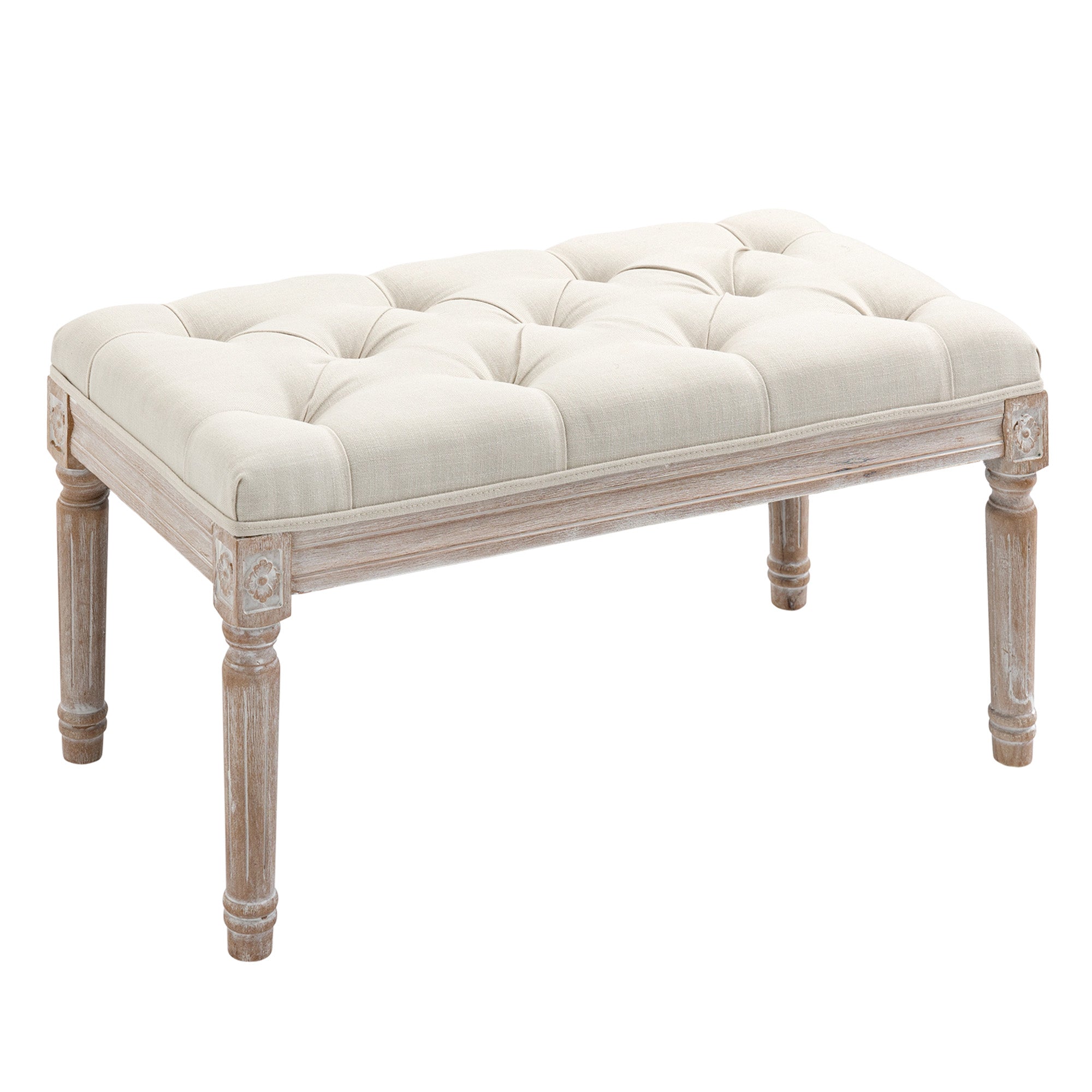 Upholstered Bench Footstool Padded Seat Wooden Legs, Linen Look Cream White