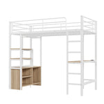 Loft Bed 90x200cm with Desk, USB/Power Outlet, Shelves & Storage - White Iron Frame