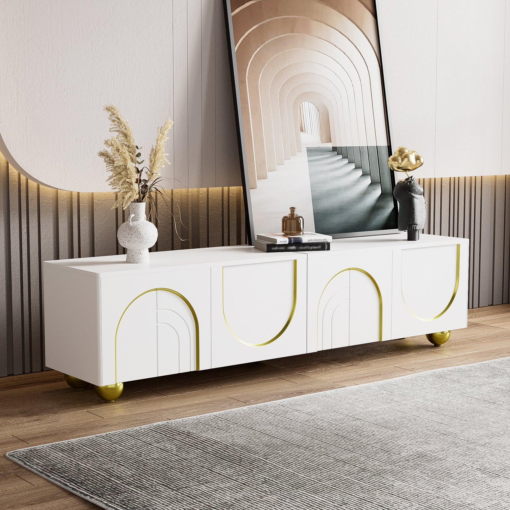 TV Lowboard with Textured Doors, Drawers & Open Compartments - Gold
