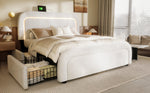 Bed Frame, USB-C Charging, LED, 4 Drawers, 140x200cm, Adjustable Headboard, Wooden Slats, Sherpa White