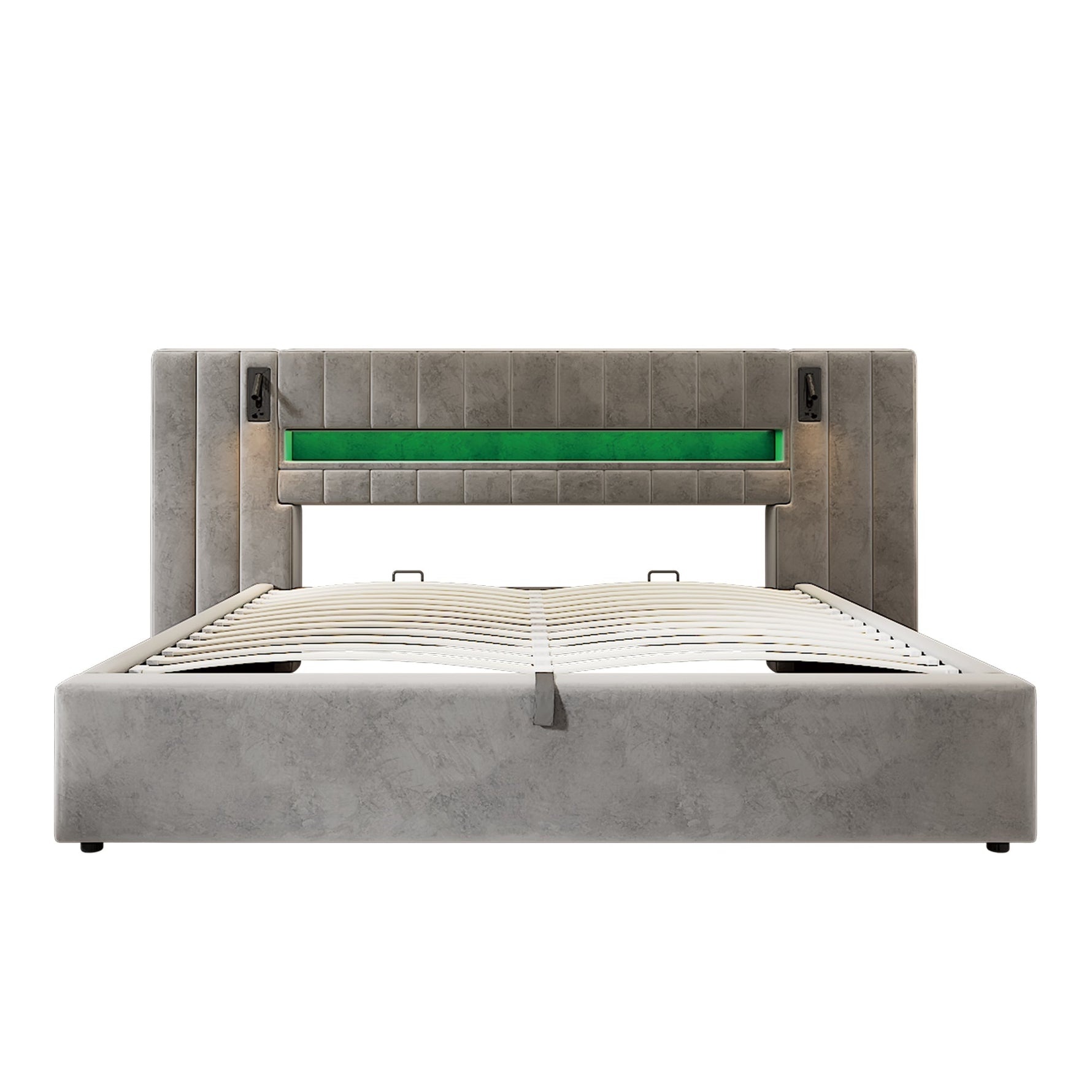 Upholstered Double Bed 180x200cm USB LED Storage - Velvet Grey