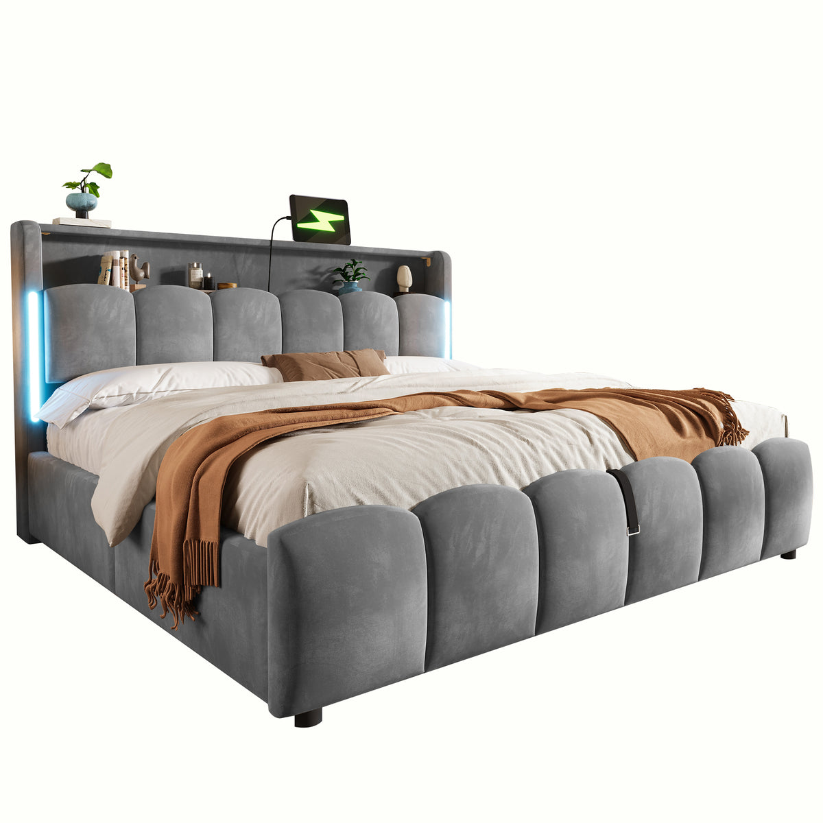 Upholstered Storage Bed 180x200 cm with LED in Velvet
