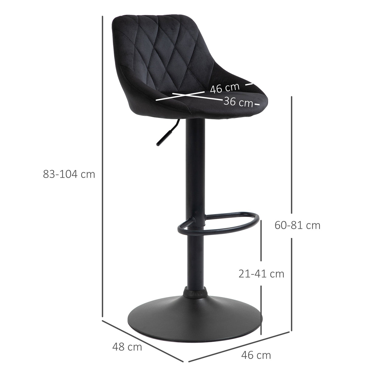 Bar Stool Set of 2, Height Adjustable with Footrest and Backrest, Velvet and Metal, Black