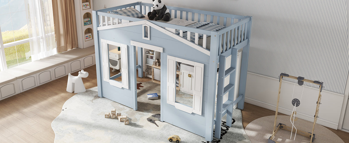 Children's Loft Bed 90x200cm with Ladder & Window, Blue Wood