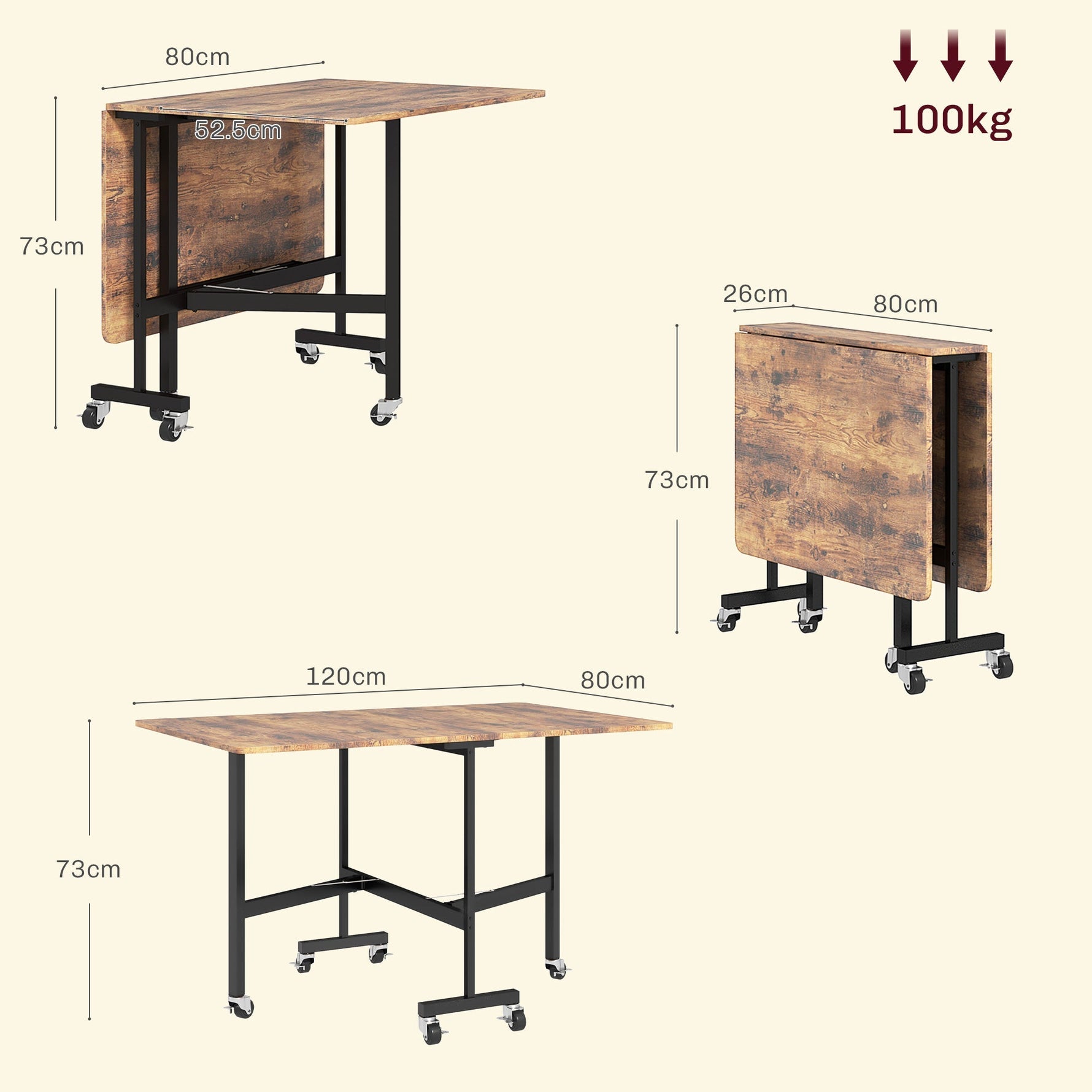 Folding Dining Table, 6 Person, Casters & Brakes, Brown