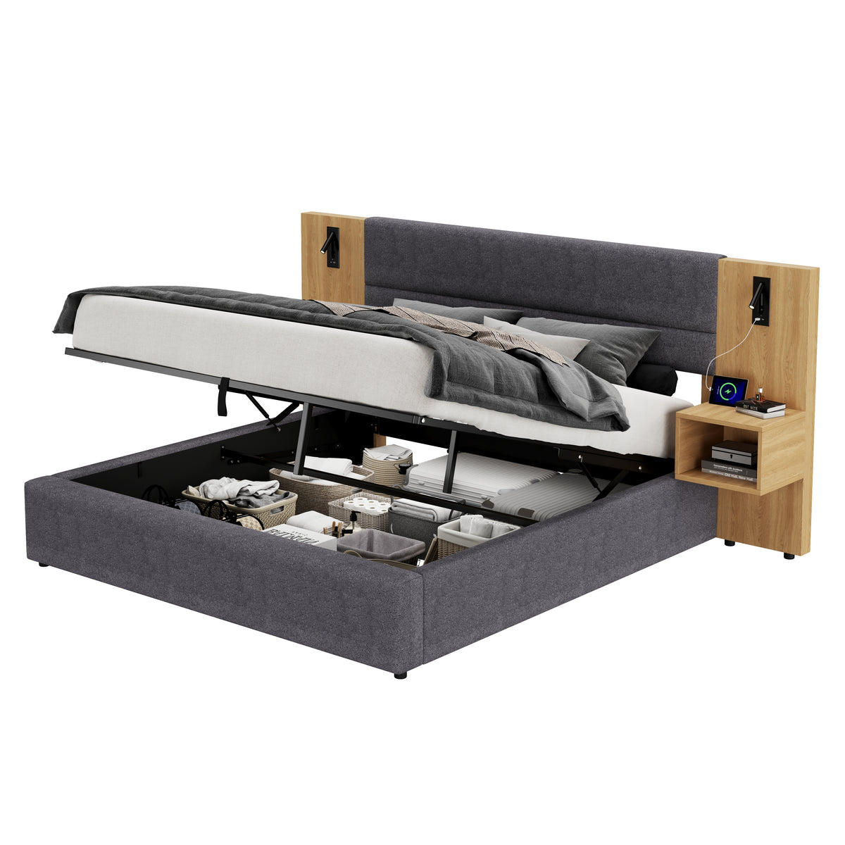 Upholstered Bed 180x200cm with LED & 2 Nightstands, Grey Velvet