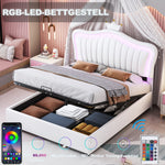 Children's Bed, Upholstered Hydraulic Storage with LED Lights, White PU Leather