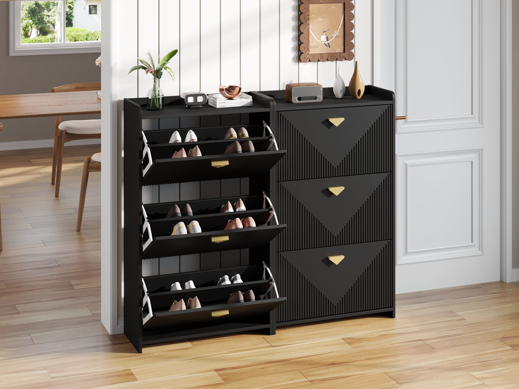Shoe Cabinet with 6 Drop-Down Doors and Adjustable Width, Two-Piece Set, Black MDF