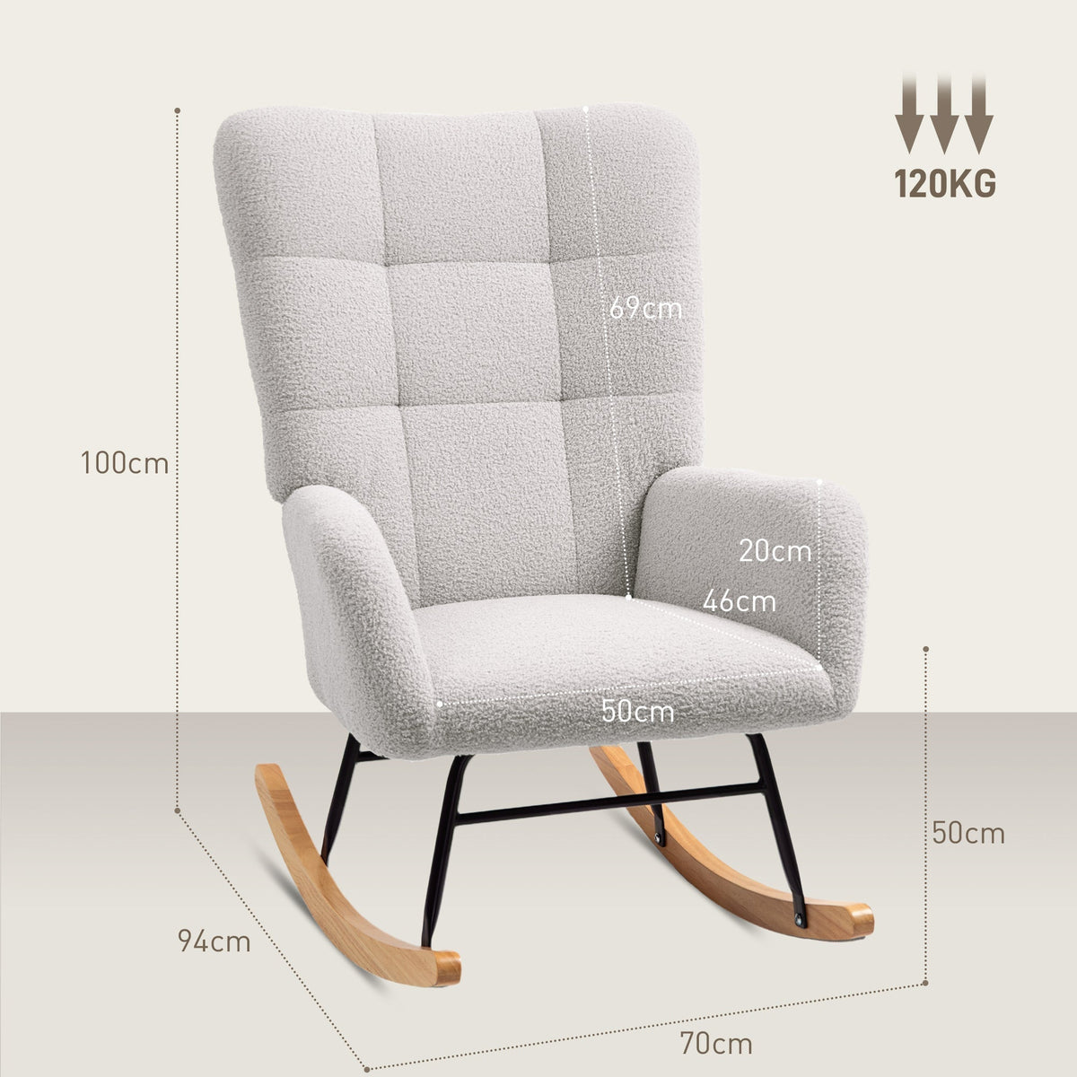 Rocking Chair, Armrests, Wooden Base, Teddy Velvet, Light Gray