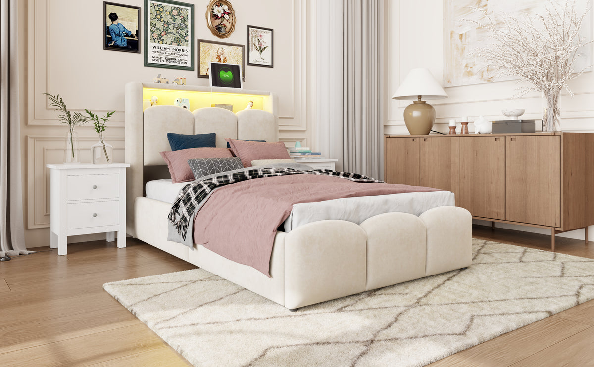 Upholstered Bed 90x200 with Storage & LED, Beige Velvet
