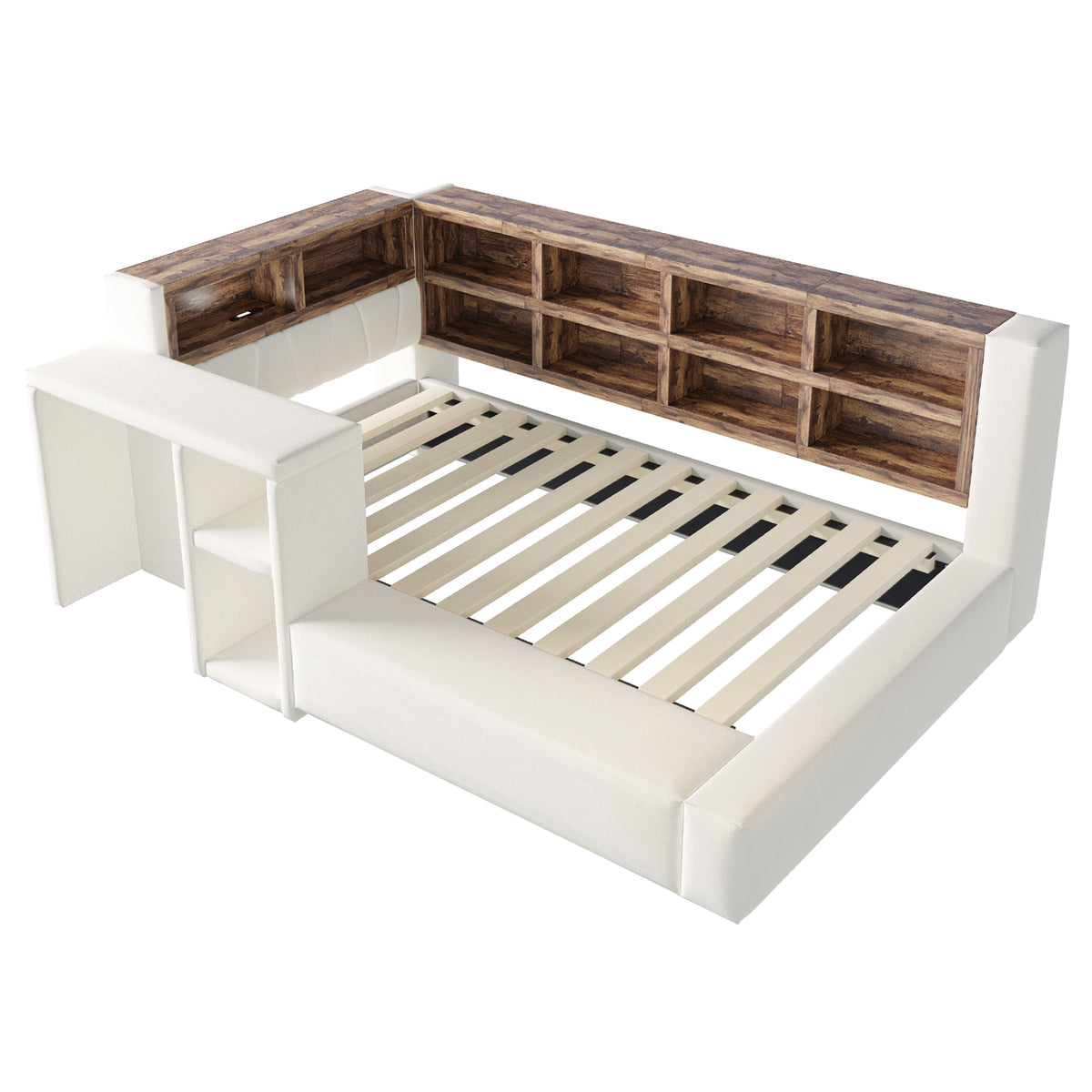 Upholstered Bed 90x200cm with Storage & LED Light, Beige