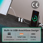 Upholstered Bed with USB & LED, 2 Drawers, Wooden Slatted Frame, Grey
