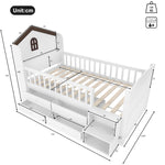 Mid-Height House Bed with Window, 4 Drawers and LED Light Strip, White