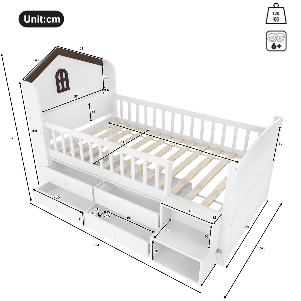 Mid-Height House Bed with Window, 4 Drawers and LED Light Strip, White