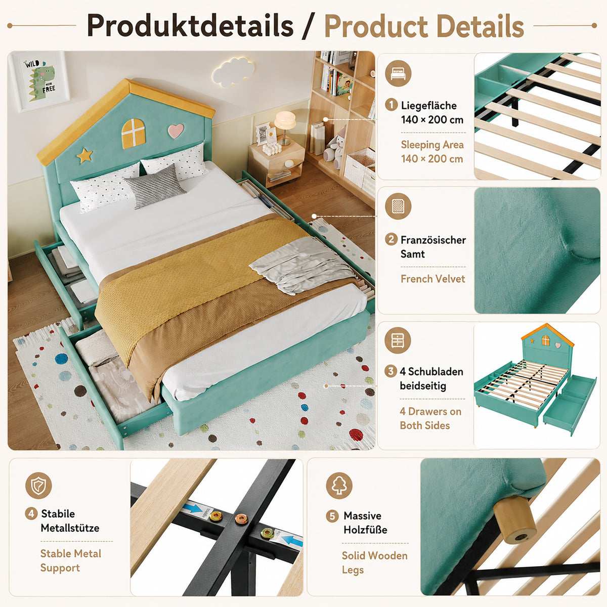 House Bed 140x200cm with 4 Drawers, Blue-Green Velvet