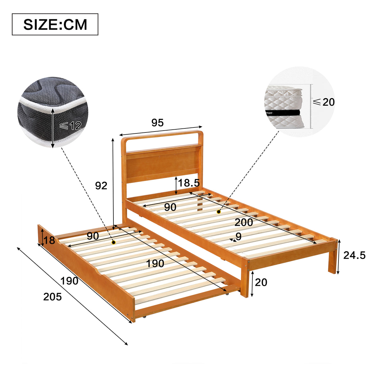 Wooden Bed 90x200cm with 90x190cm Pull-Out Bed, Wood