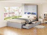 Multifunctional Wooden Bed 90x200cm, LED Storage Headboard, Grey