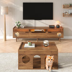 TV Cabinet & Coffee Table Set, 2-Piece LED Cat Basket, Walnut