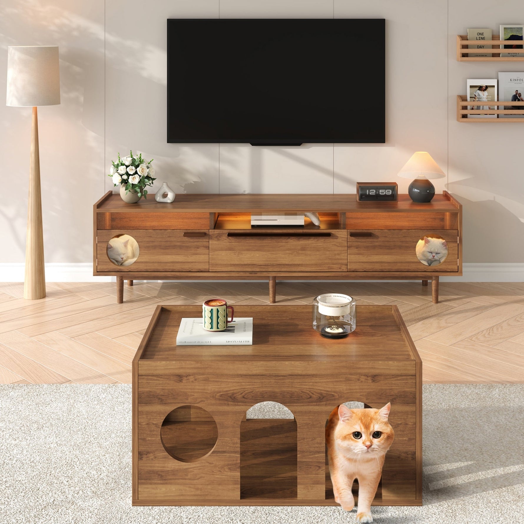 TV Cabinet & Coffee Table Set, 2-Piece LED Cat Basket, Walnut