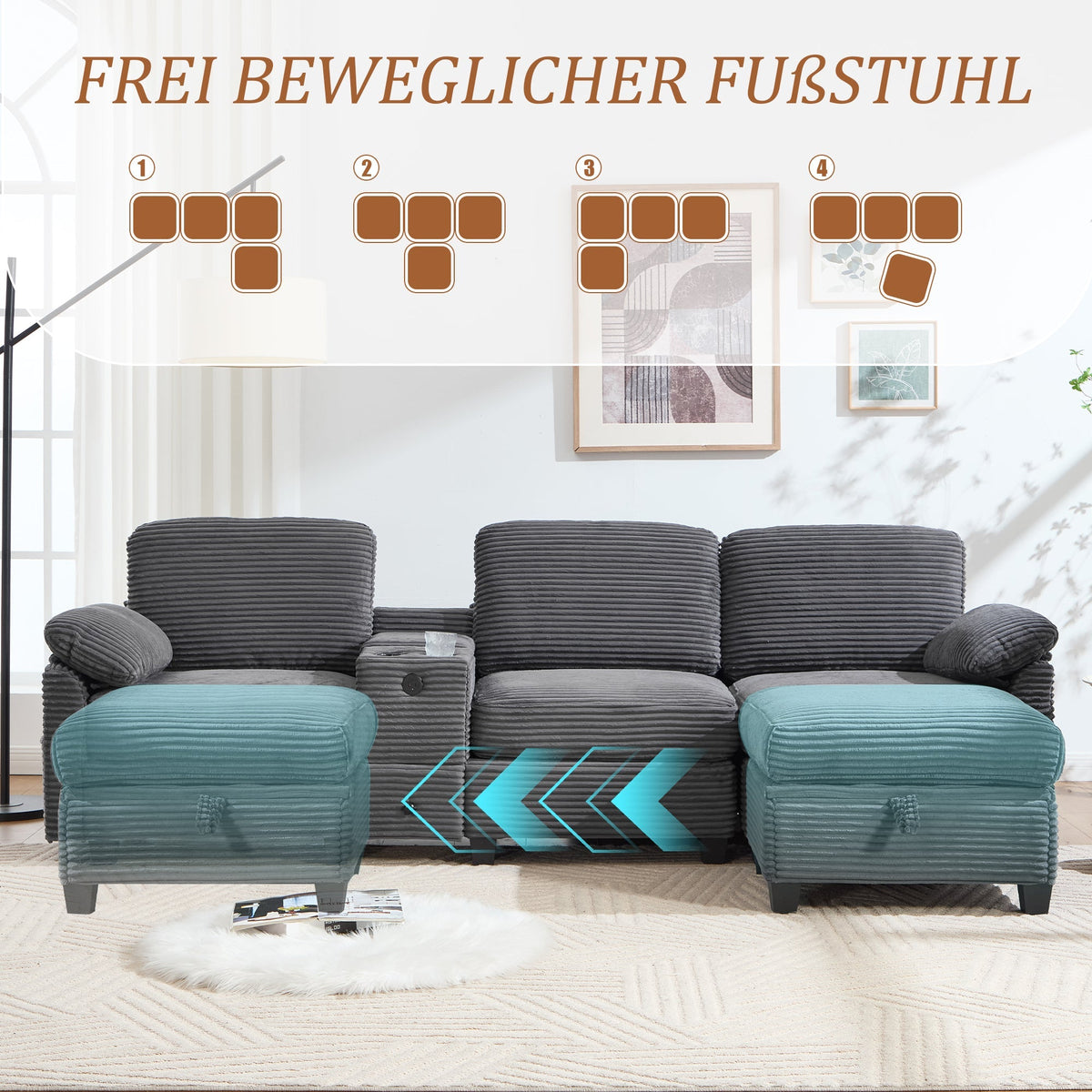 Sofa - Comfort Foam, Removable Console, USB-C, Storage Ottoman - Corduroy