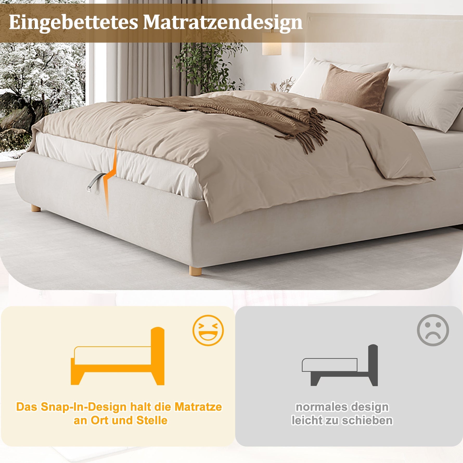 Upholstered Double Bed with Hydraulic Storage and Slatted Base, 180x200cm, Cream Velvet