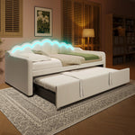 Daybed with Pull-Out Bed & LED Strip, 90x200cm, Beige Velvet