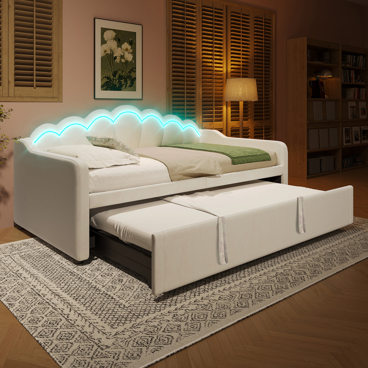 Daybed with Pull-Out Bed & LED Strip, 90x200cm, Beige Velvet